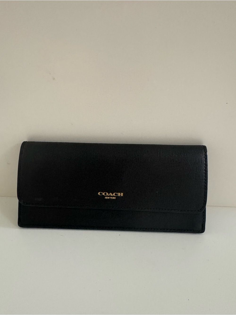 Coach Black Leather Continental Wallet with Gold Logo